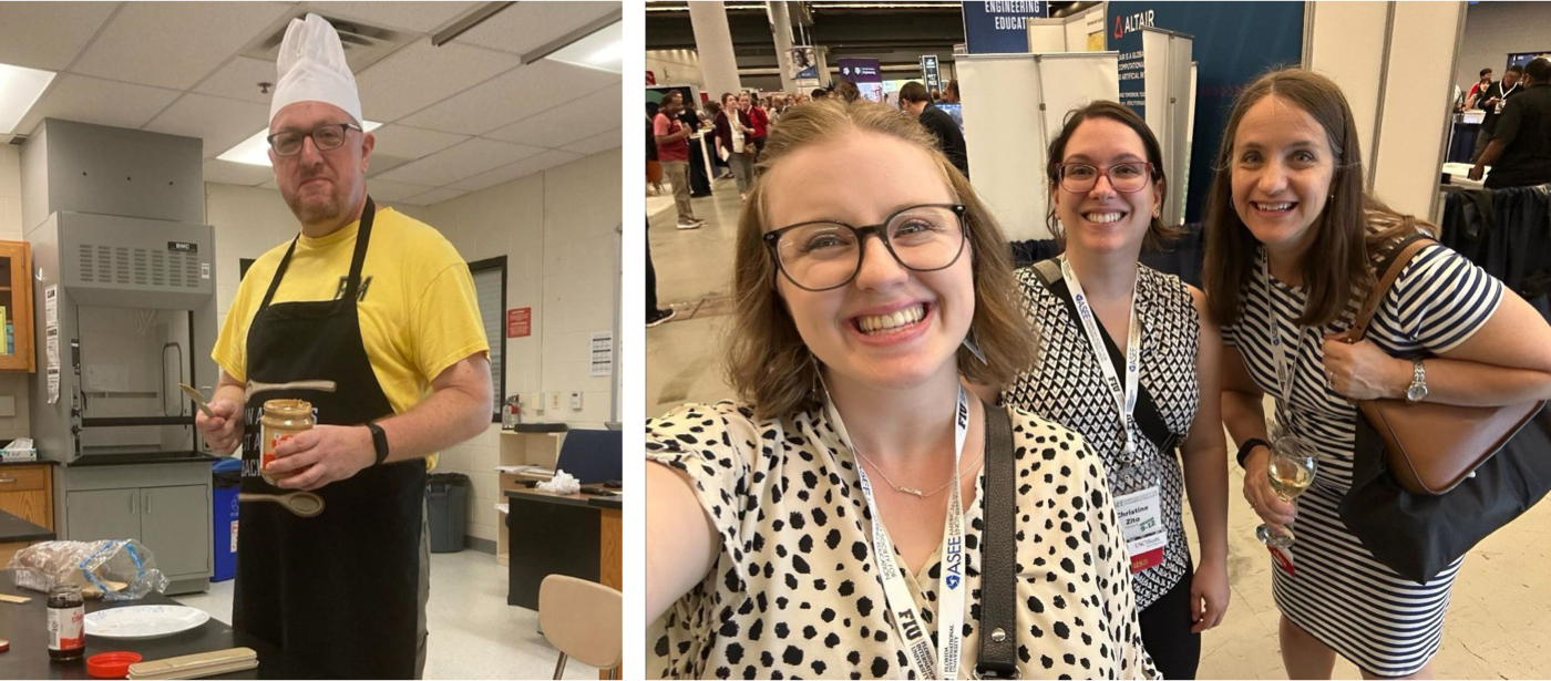 a collection of two images the first is for Kevin Martz in a chef hat preparing food in a classroom as a part of an activity, and the second one is for Christine Zito between Katie McKeown and Stacy Klein-Gardner posing together at a conference.