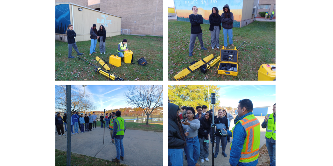 collection of four images of activities with students and teachers in a field.