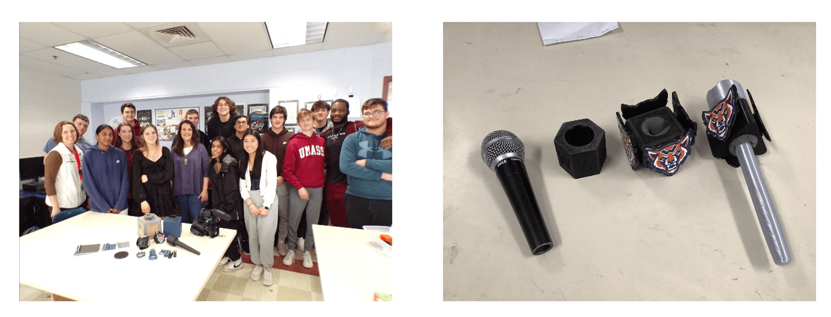 collection of two images of students gathering and microphones on a table