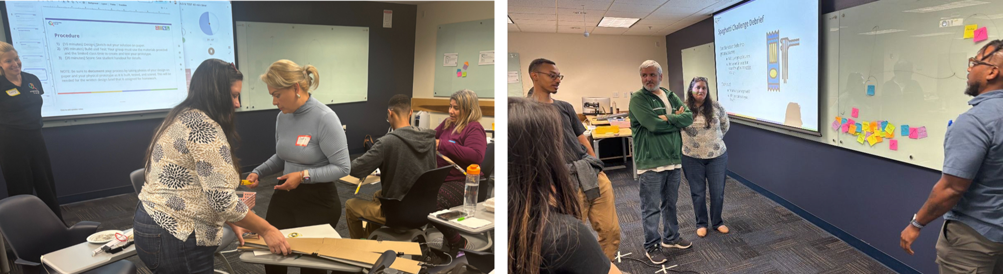 two images of Ivon and other educators in a classroom with a projector screen and activity materials