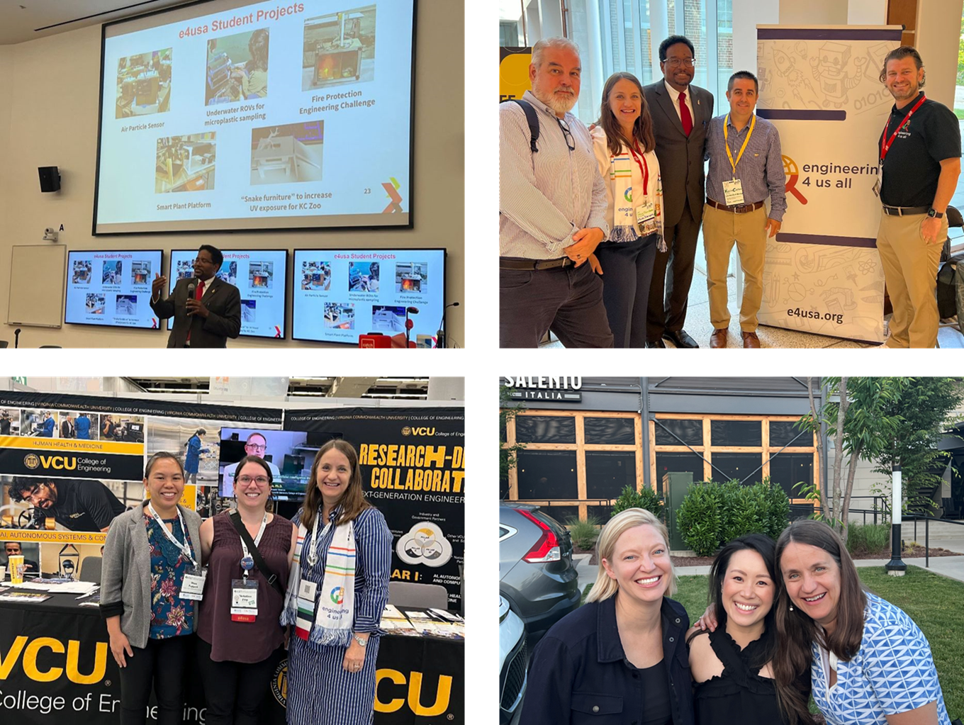 collection of 4 images of the event. one with UMD president Darryll Pines speaking to attendees. Three other images with Dr. Stacy Klein-Gardner and e4usa team members and attendees gatherings in various activities of the conference.