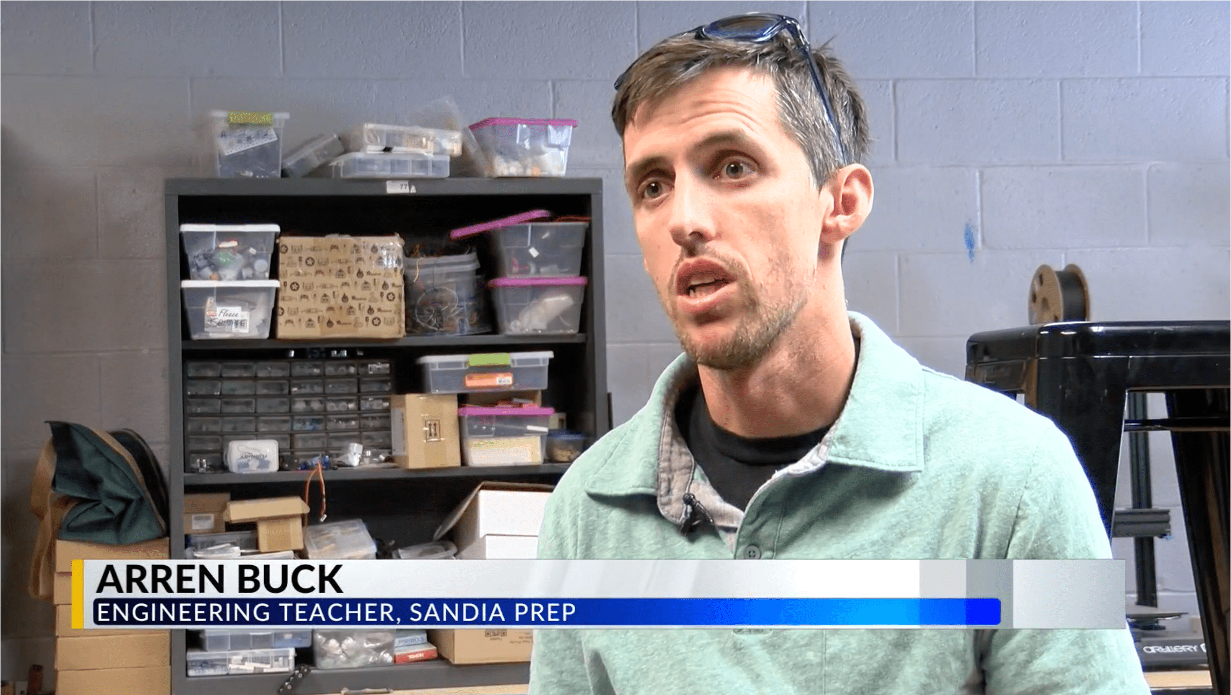 Arren Buck at Sandia Prep classroom talking to the reporter from Albuquerque News