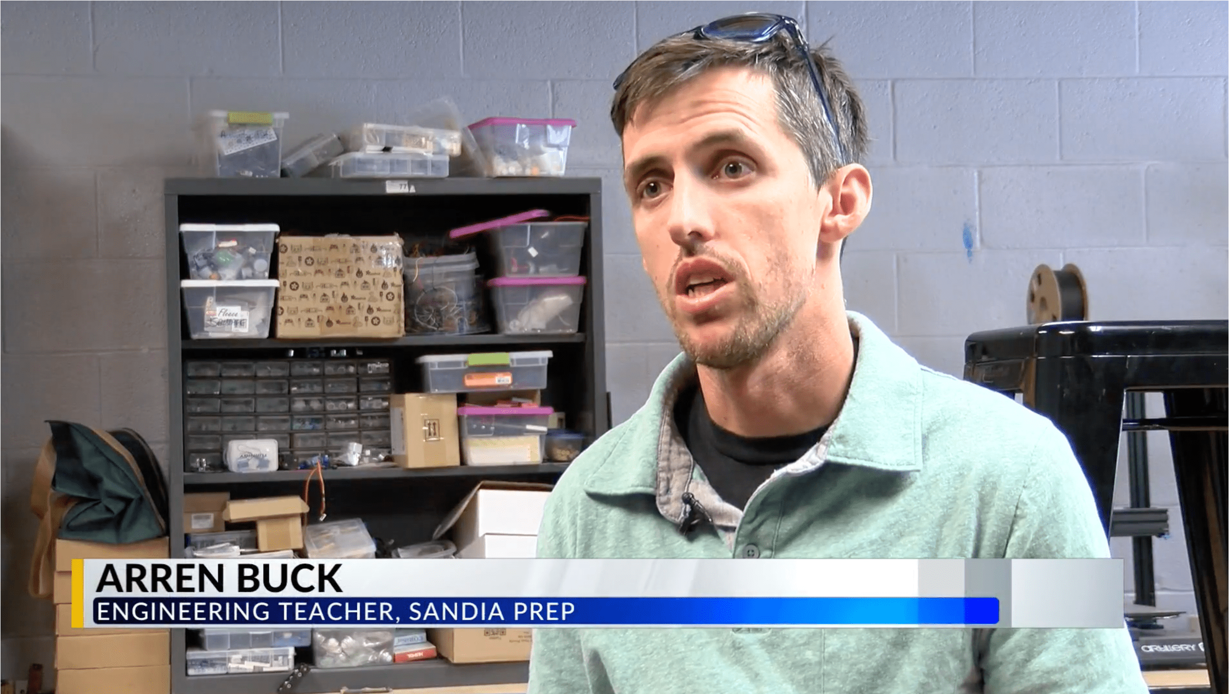 Arren Buck at Sandia Prep classroom talking to the reporter from Albuquerque News 