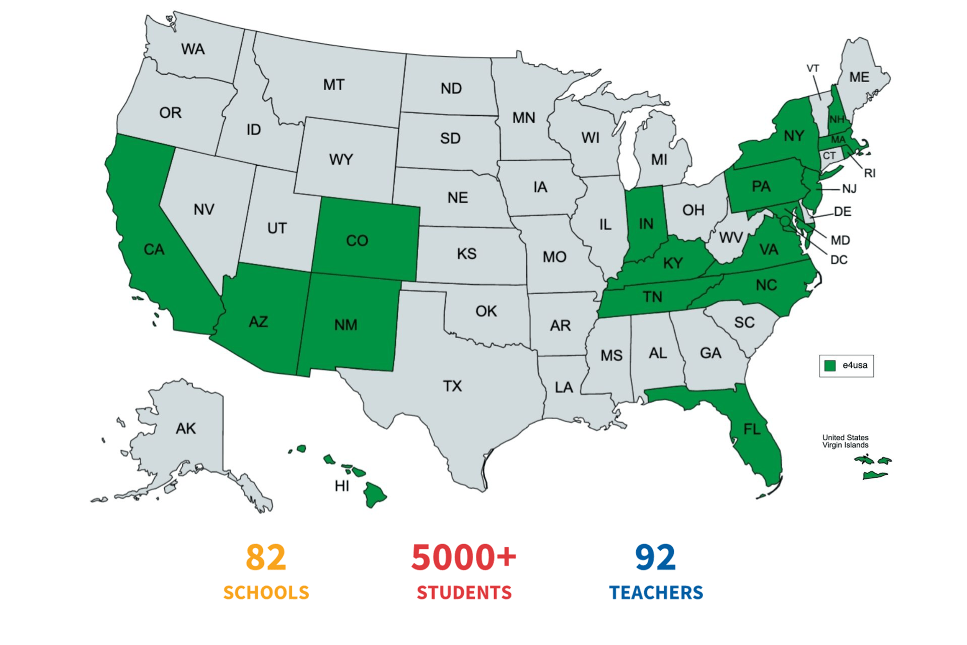 USA map indicating states, districts, and territories where high schools are taking part in e4usa.