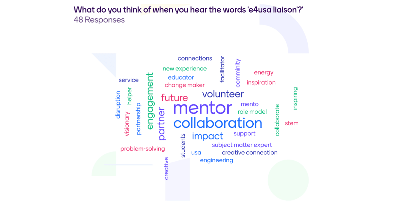 Text of words of responses from e4usa liaisons such as : mentor, collaboration, future etc.
