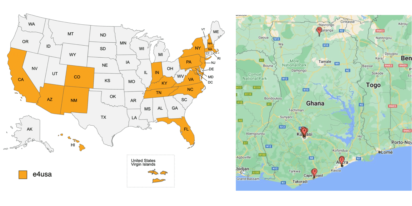 Map of the USA highlighting states with e4usa institutions and Map of Ghana highlighting cities with e4usa institutions