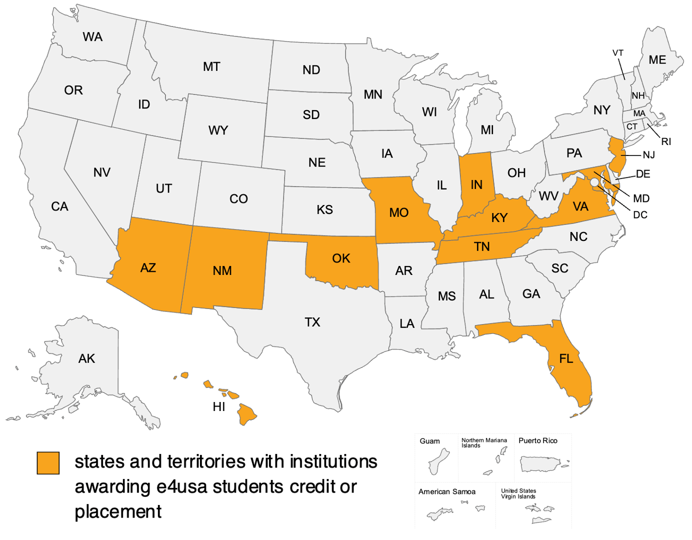 US map of states and territories with institutions awarding e4usa students credit or placement