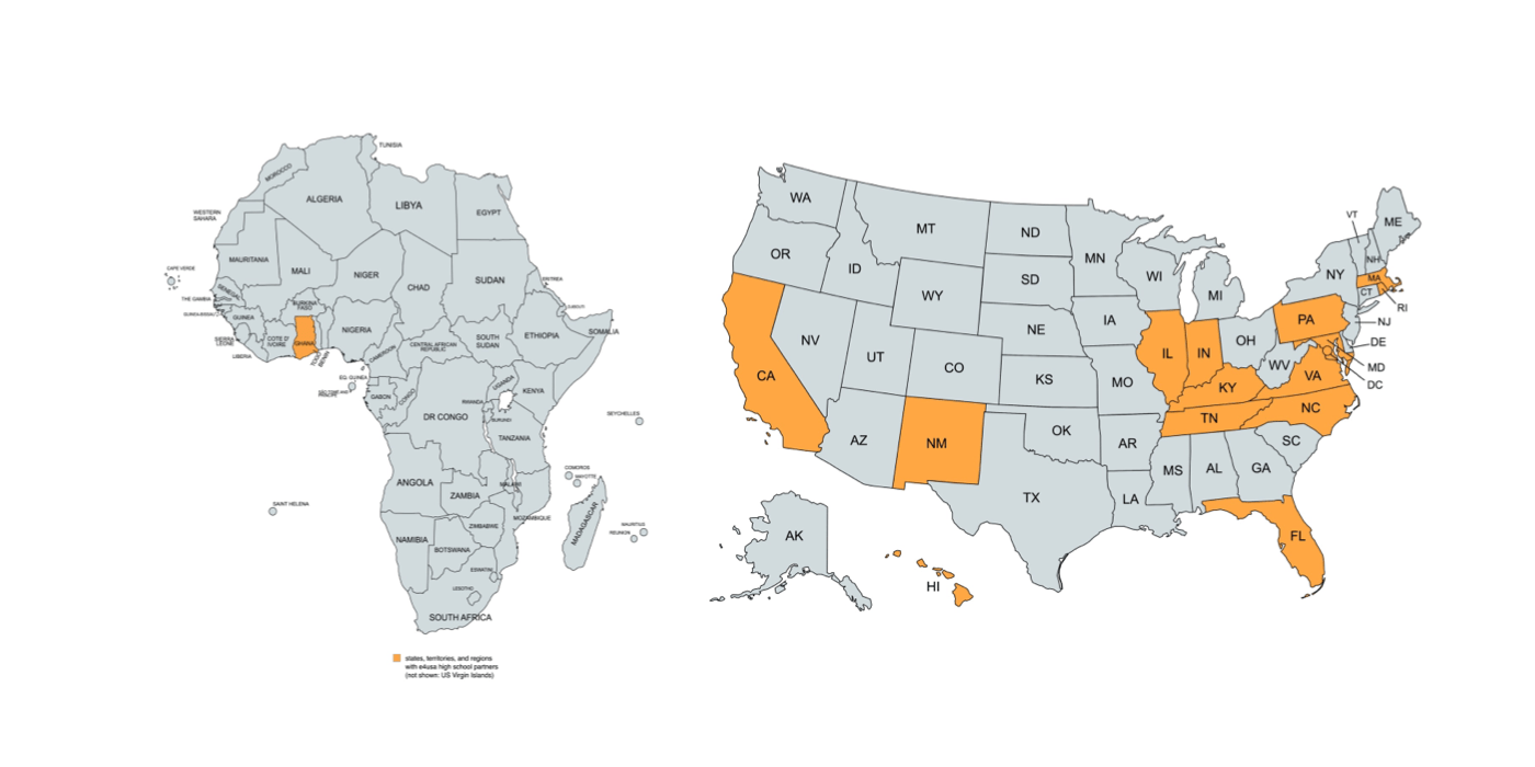 Map of states, territories and regions with e4usa high school partners