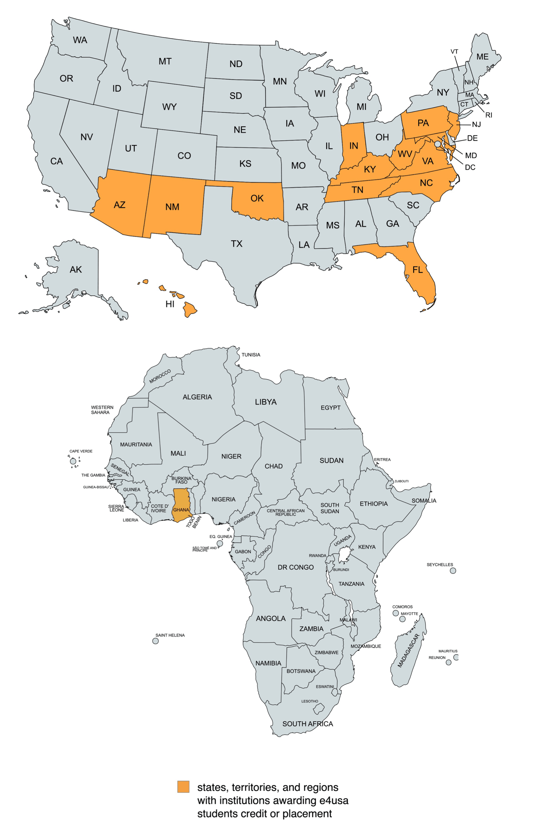 Map of states, territories and regions with e4usa high school partners