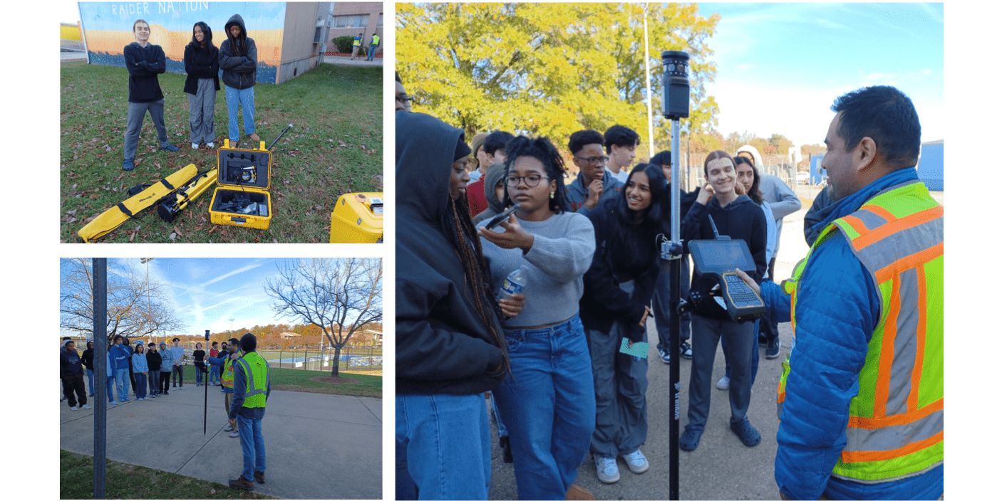 Collection of images of students standing near pavment with tools and two professionals helping with the project
