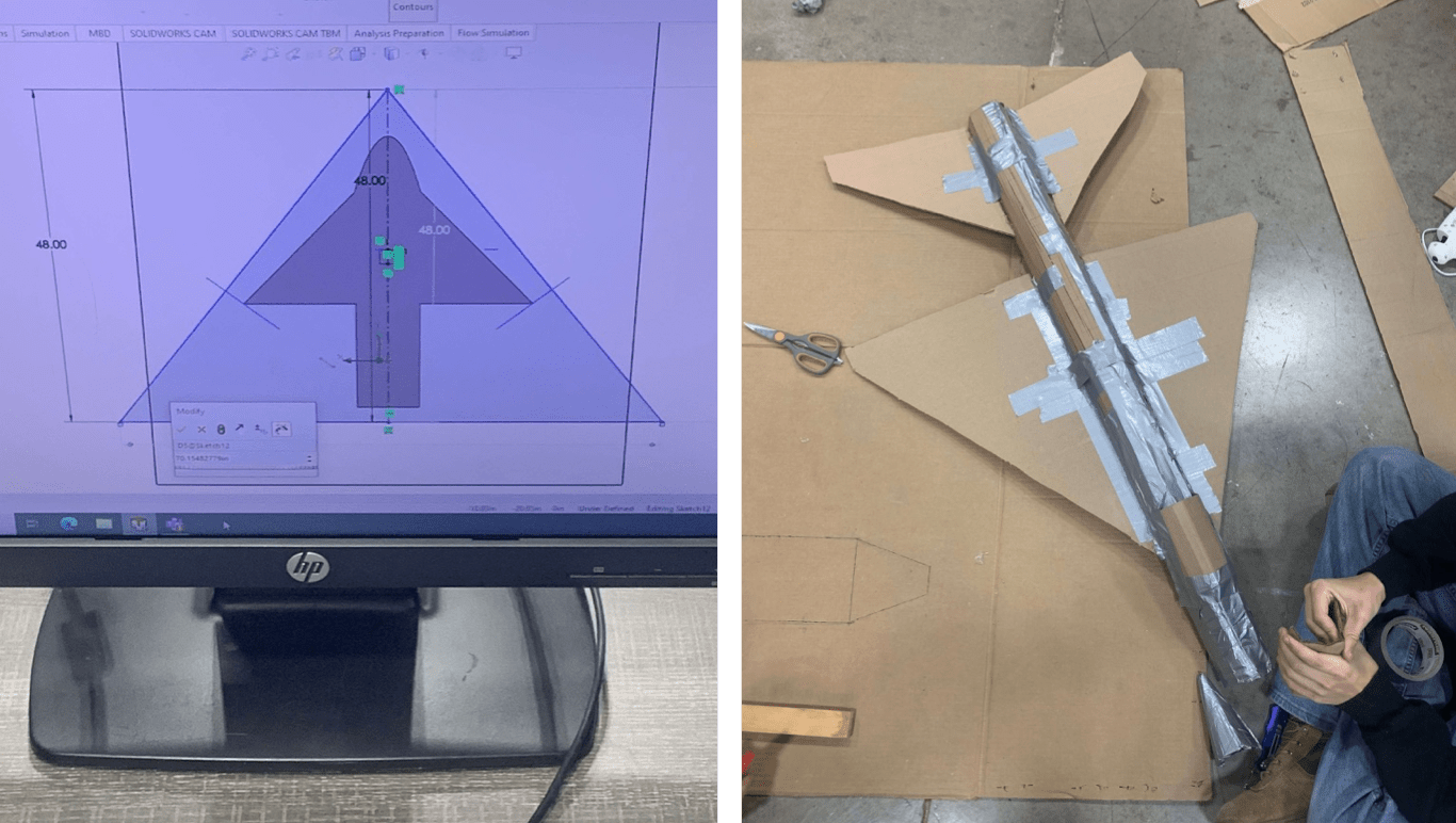 CAD sketch of a wing design next to students building a cardboard aircraft prototype.