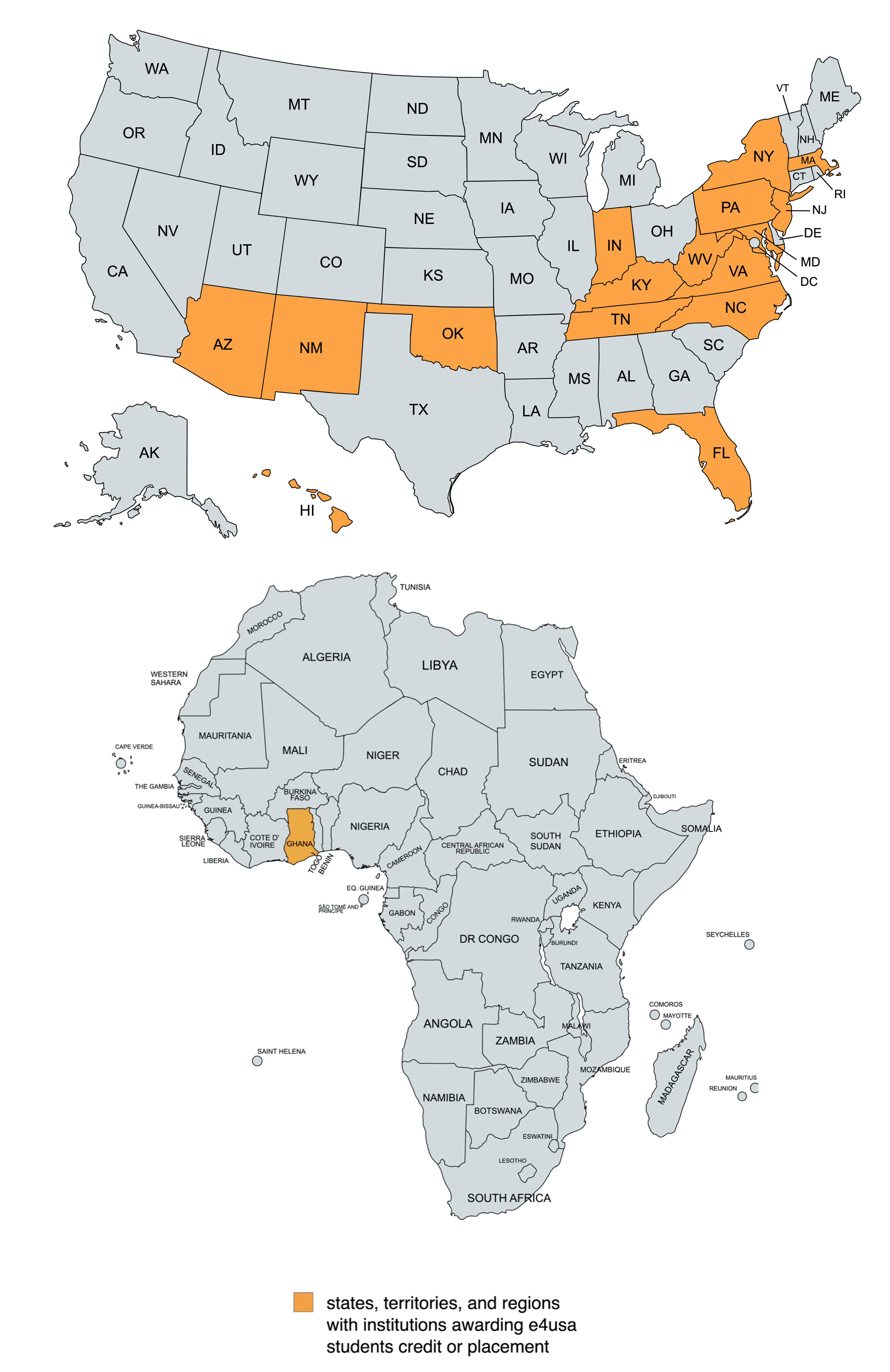 Map of States and Territories and Countries that joined E4USA 
