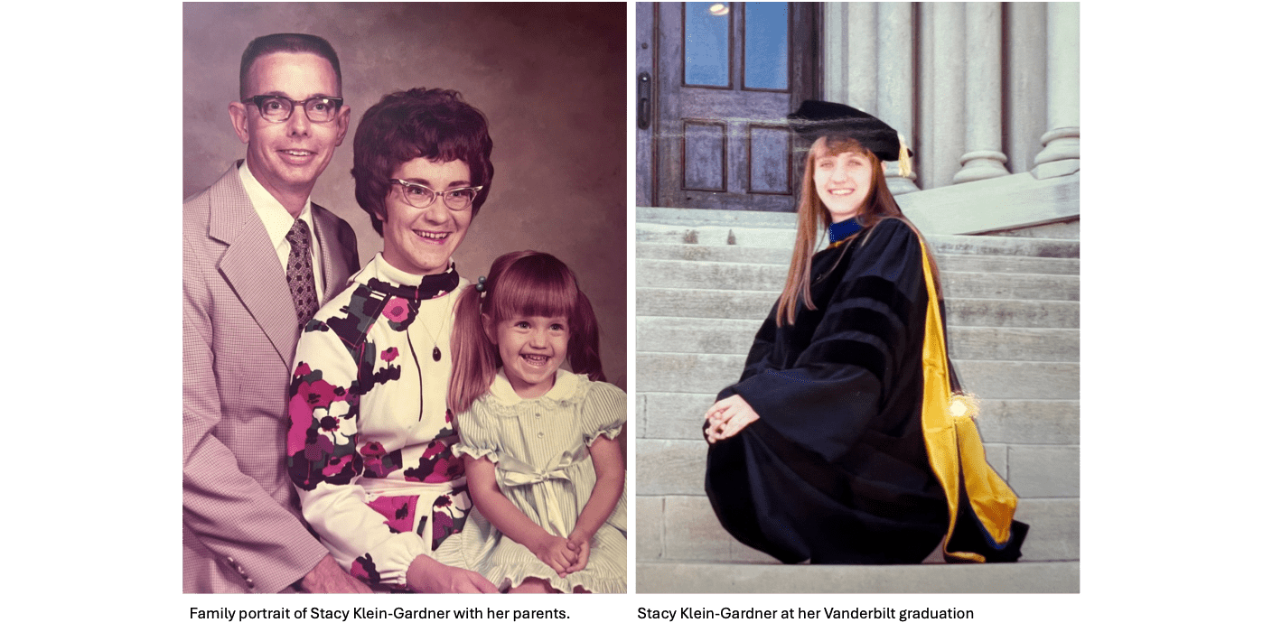 Stacy Klein-Gardner with family and in graduation gown