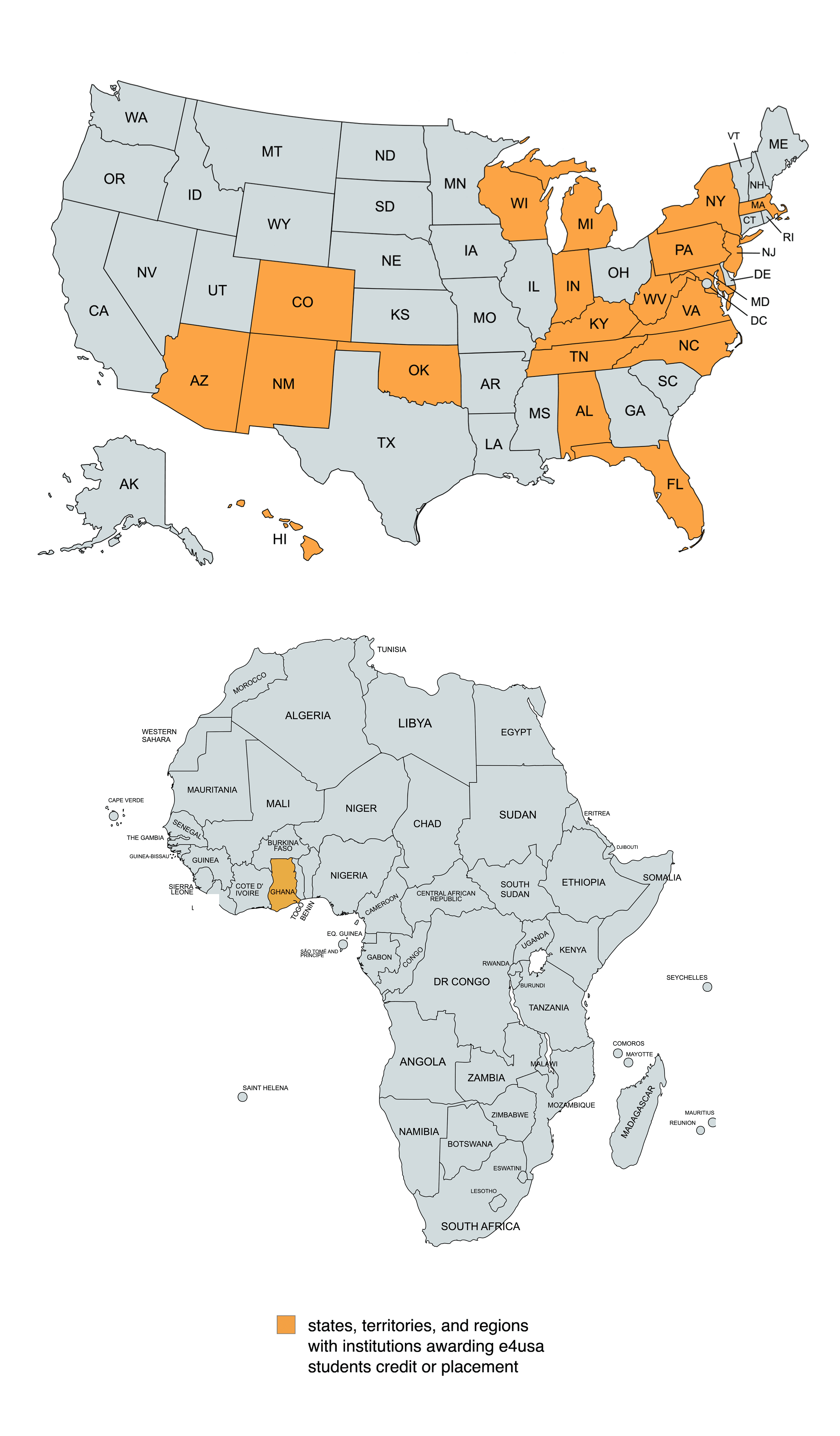 Map highlighting U.S. states where institutions offer college credit or placement for completing e4usa courses.